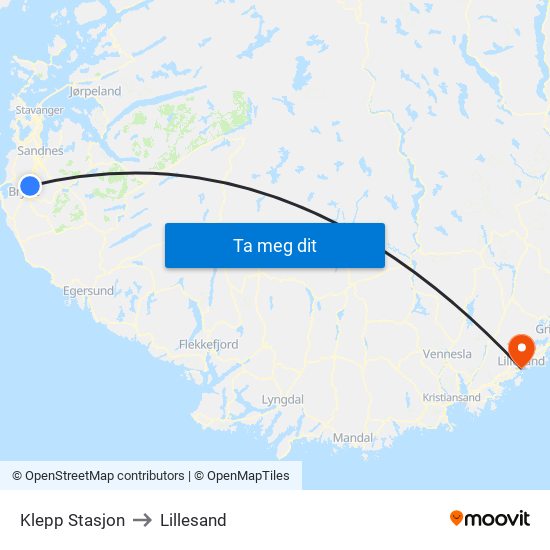 Klepp Stasjon to Lillesand map