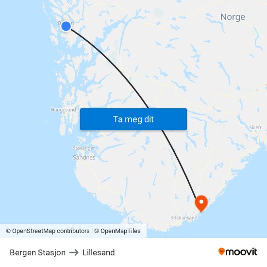 Bergen Stasjon to Lillesand map