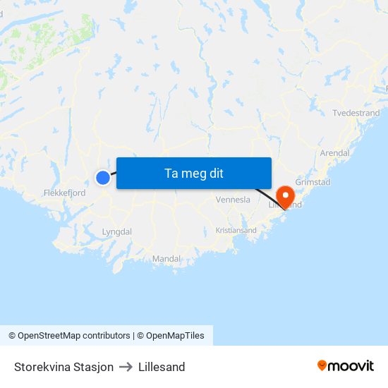 Storekvina Stasjon to Lillesand map