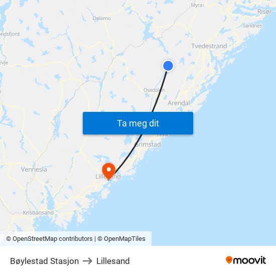 Bøylestad Stasjon to Lillesand map