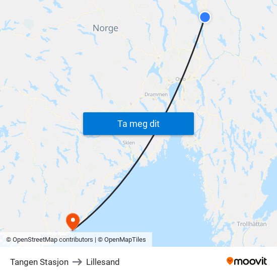 Tangen Stasjon to Lillesand map