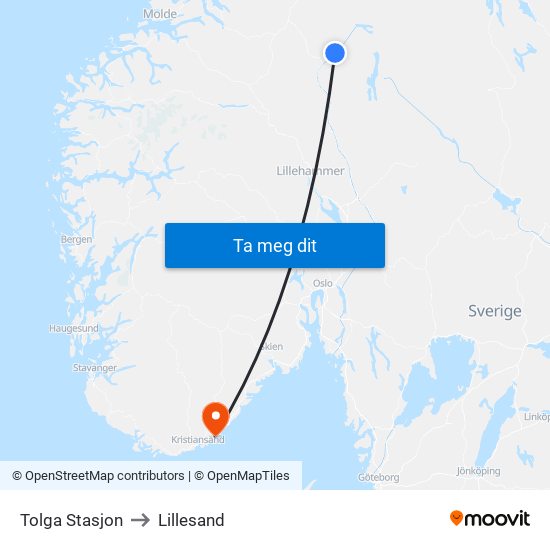 Tolga Stasjon to Lillesand map