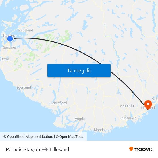 Paradis Stasjon to Lillesand map