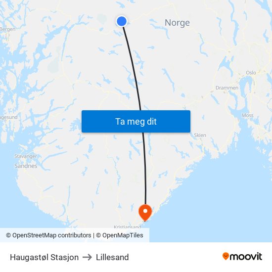 Haugastøl Stasjon to Lillesand map