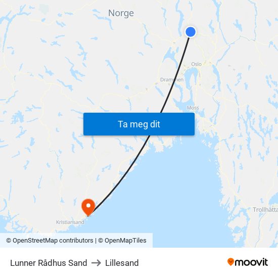 Lunner Rådhus Sand to Lillesand map