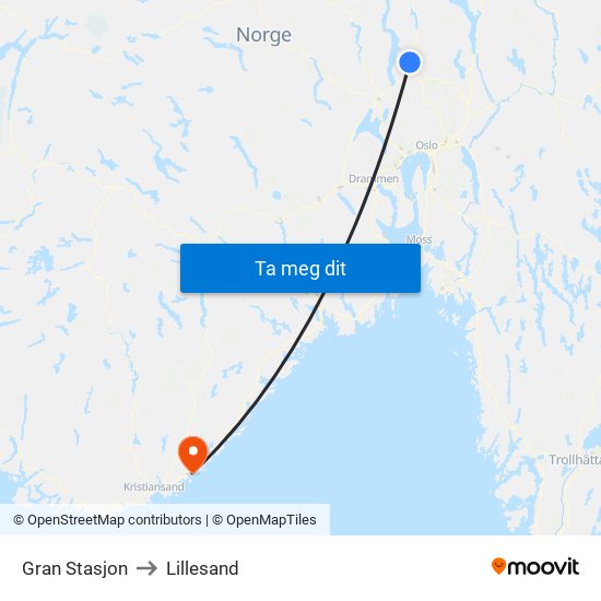 Gran Stasjon to Lillesand map