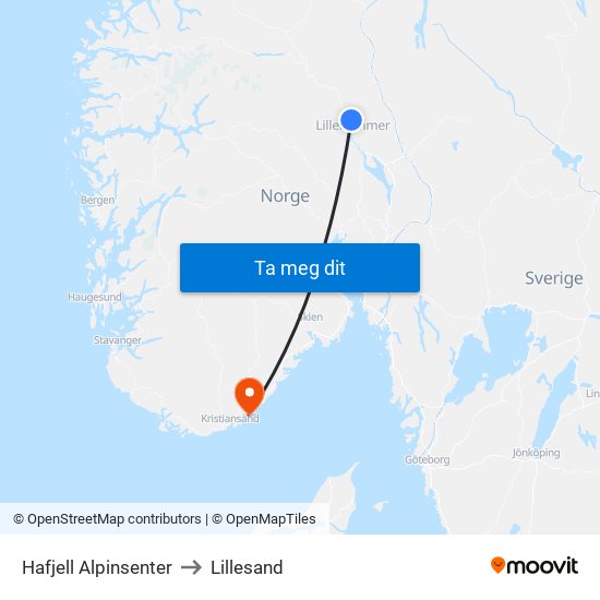 Hafjell Alpinsenter to Lillesand map