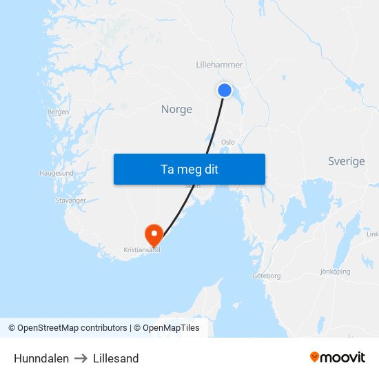 Hunndalen to Lillesand map