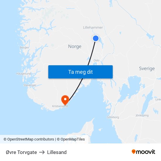 Øvre Torvgate to Lillesand map