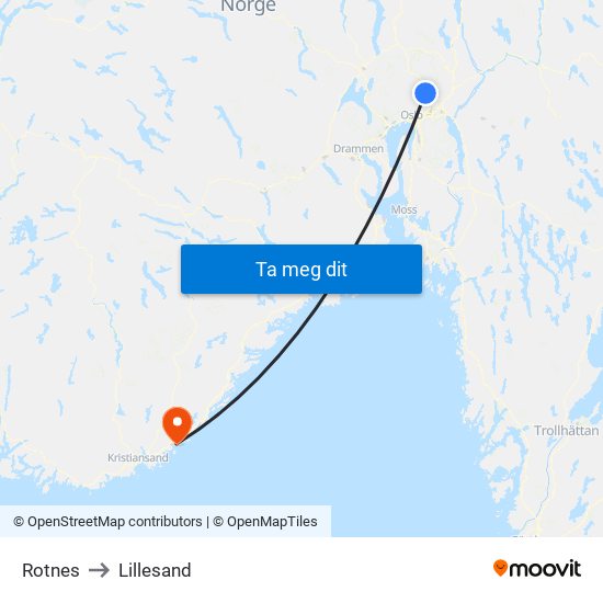 Rotnes to Lillesand map