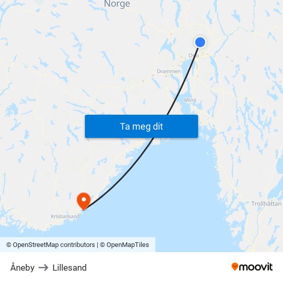 Åneby to Lillesand map