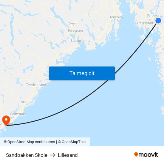 Sandbakken Skole to Lillesand map