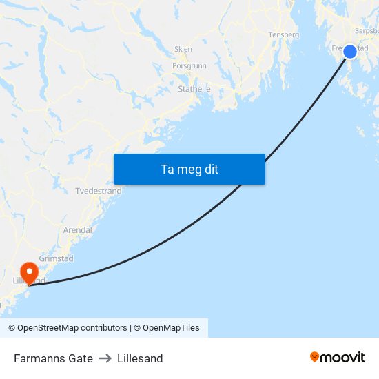 Farmanns Gate to Lillesand map