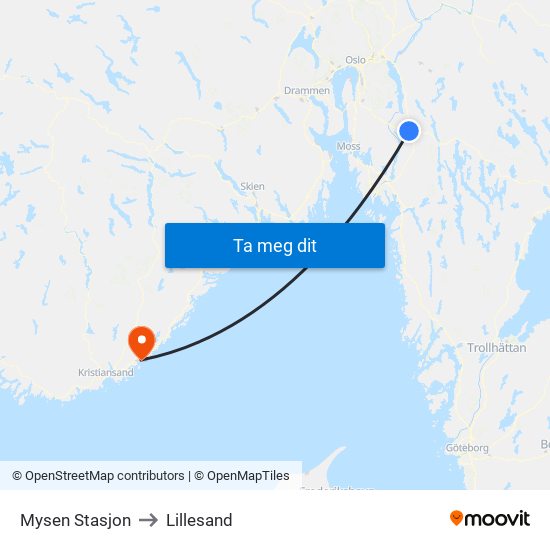 Mysen Stasjon to Lillesand map