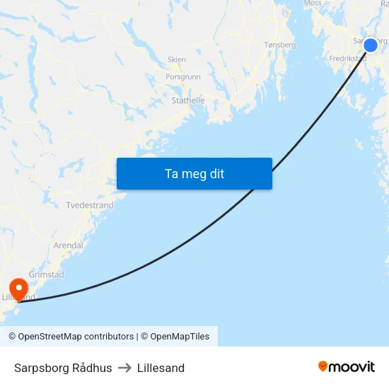 Sarpsborg Rådhus to Lillesand map