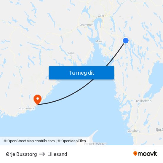 Ørje Busstorg to Lillesand map