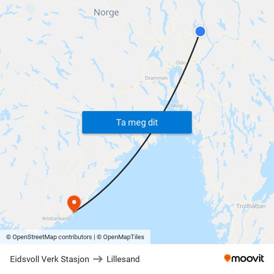 Eidsvoll Verk Stasjon to Lillesand map