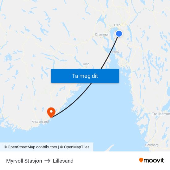 Myrvoll Stasjon to Lillesand map