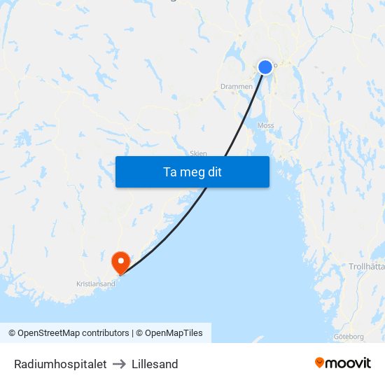 Radiumhospitalet to Lillesand map