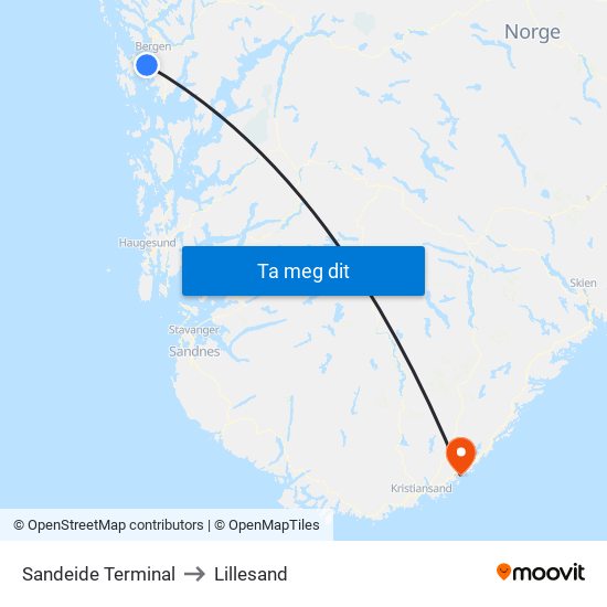 Sandeide Terminal to Lillesand map