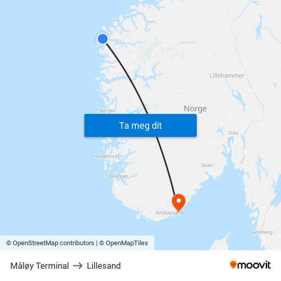 Måløy Terminal to Lillesand map