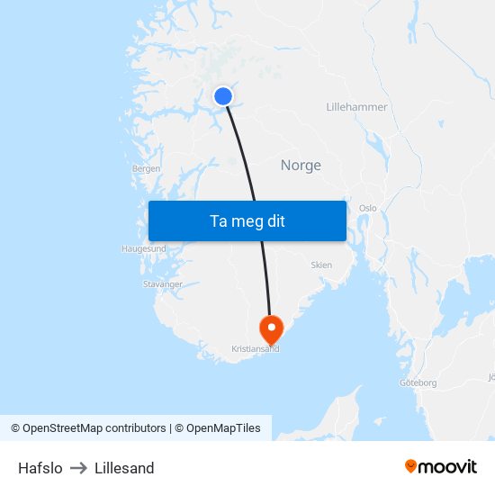 Hafslo to Lillesand map