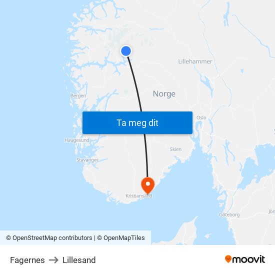 Fagernes to Lillesand map