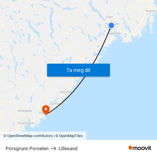 Porsgrunn Porselen to Lillesand map