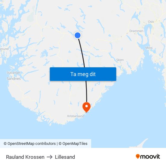 Rauland Krossen to Lillesand map