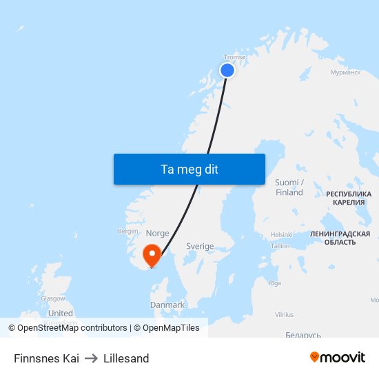 Finnsnes Kai to Lillesand map