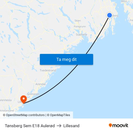 Tønsberg Sem E18 Aulerød to Lillesand map