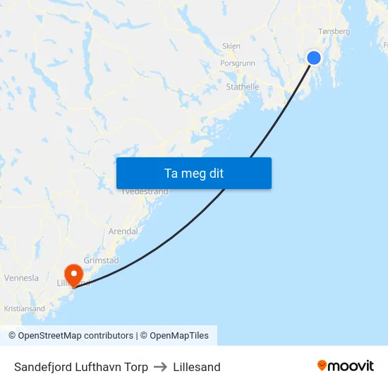 Sandefjord Lufthavn Torp to Lillesand map