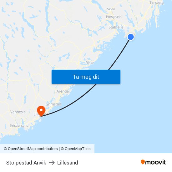 Stolpestad Anvik to Lillesand map