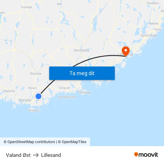 Valand Øst to Lillesand map