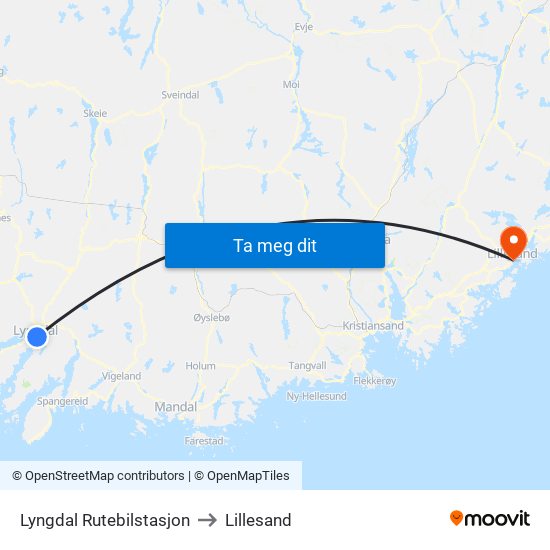 Lyngdal Rutebilstasjon to Lillesand map