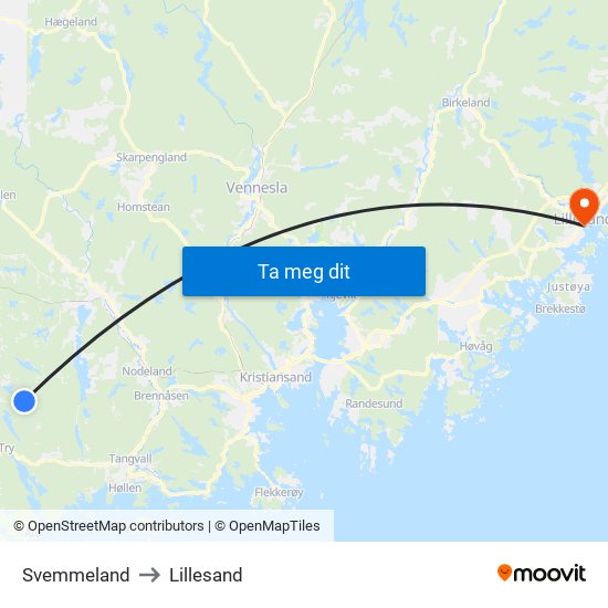 Svemmeland to Lillesand map