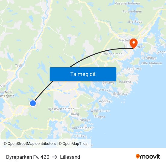 Dyreparken Fv. 420 to Lillesand map