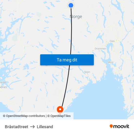 Bråstadtreet to Lillesand map