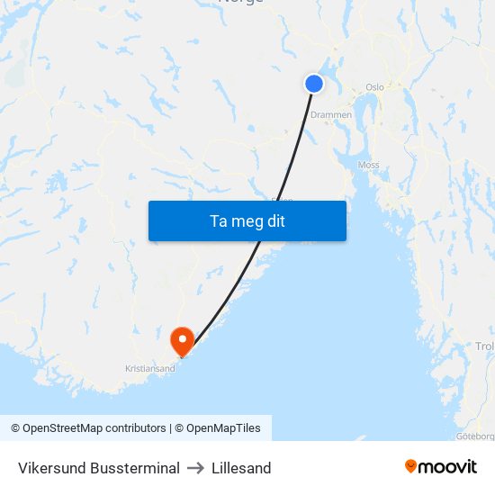 Vikersund Bussterminal to Lillesand map