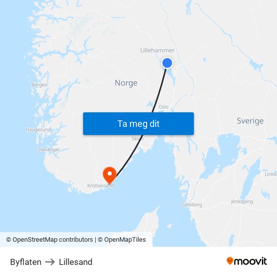 Byflaten to Lillesand map