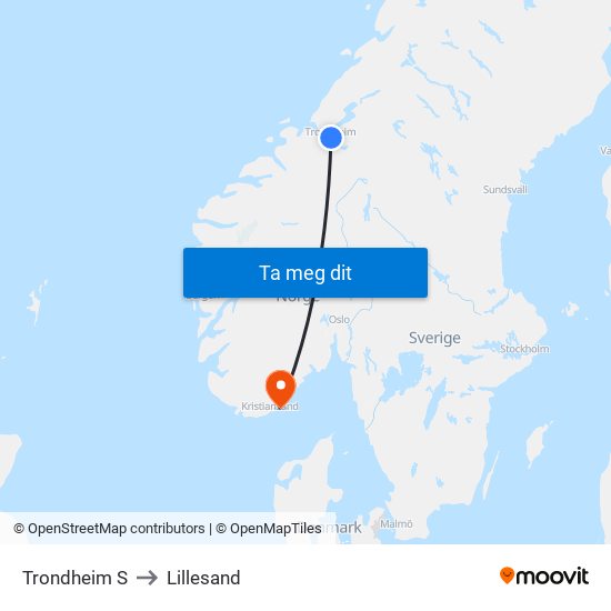 Trondheim S to Lillesand map