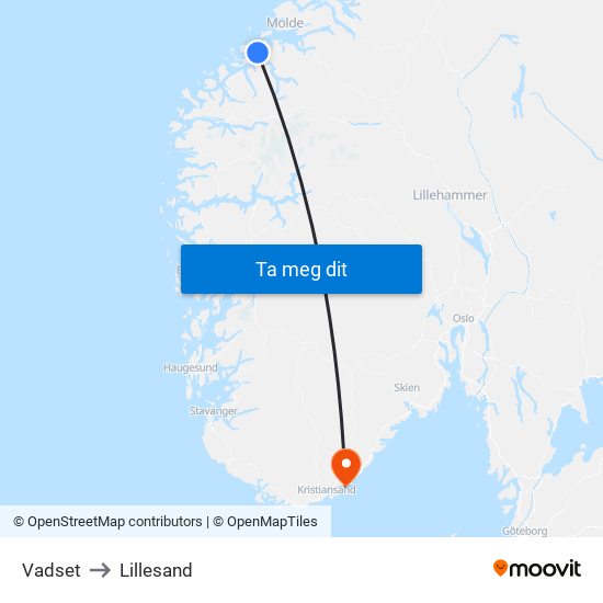 Vadset to Lillesand map