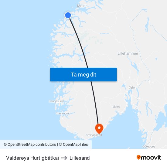 Valderøya Hurtigbåtkai to Lillesand map