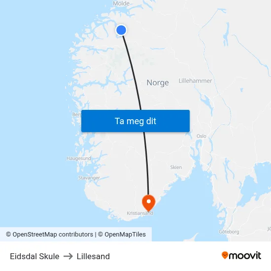 Eidsdal Skule to Lillesand map