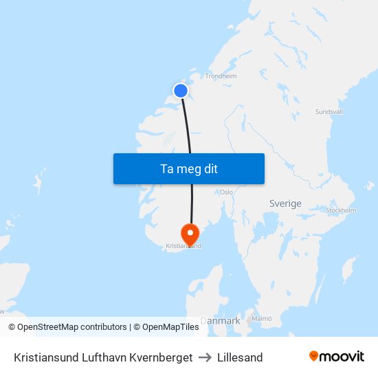 Kristiansund Lufthavn Kvernberget to Lillesand map