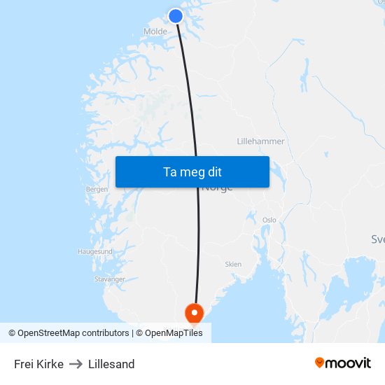 Frei Kirke to Lillesand map