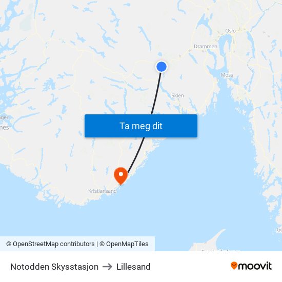 Notodden Skysstasjon to Lillesand map