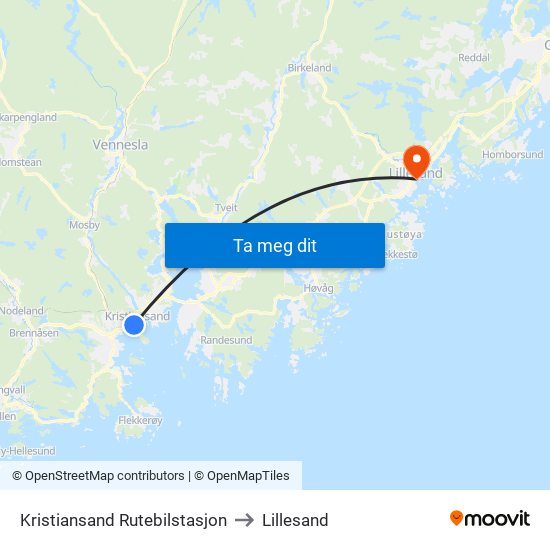 Kristiansand Rutebilstasjon to Lillesand map