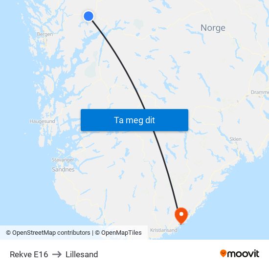 Rekve E16 to Lillesand map