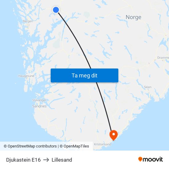 Djukastein E16 to Lillesand map